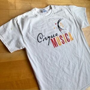“Cirque Musica” Graphic 100% Cotton Tee, White, Black, Red, Yellow, Size L
